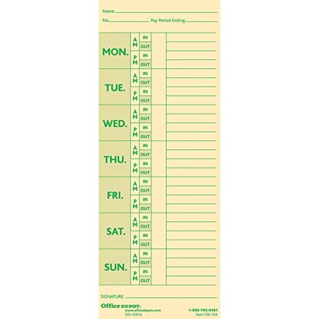 Manila weekly time card with Monday–Sunday IN/OUT blocks and pay period ending header