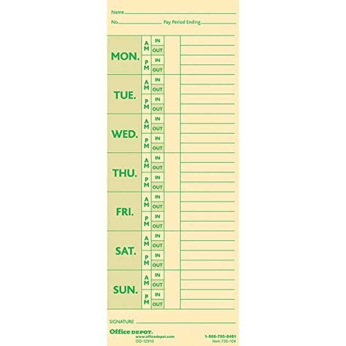 Manila weekly time card with Monday–Sunday IN/OUT blocks and pay period ending header