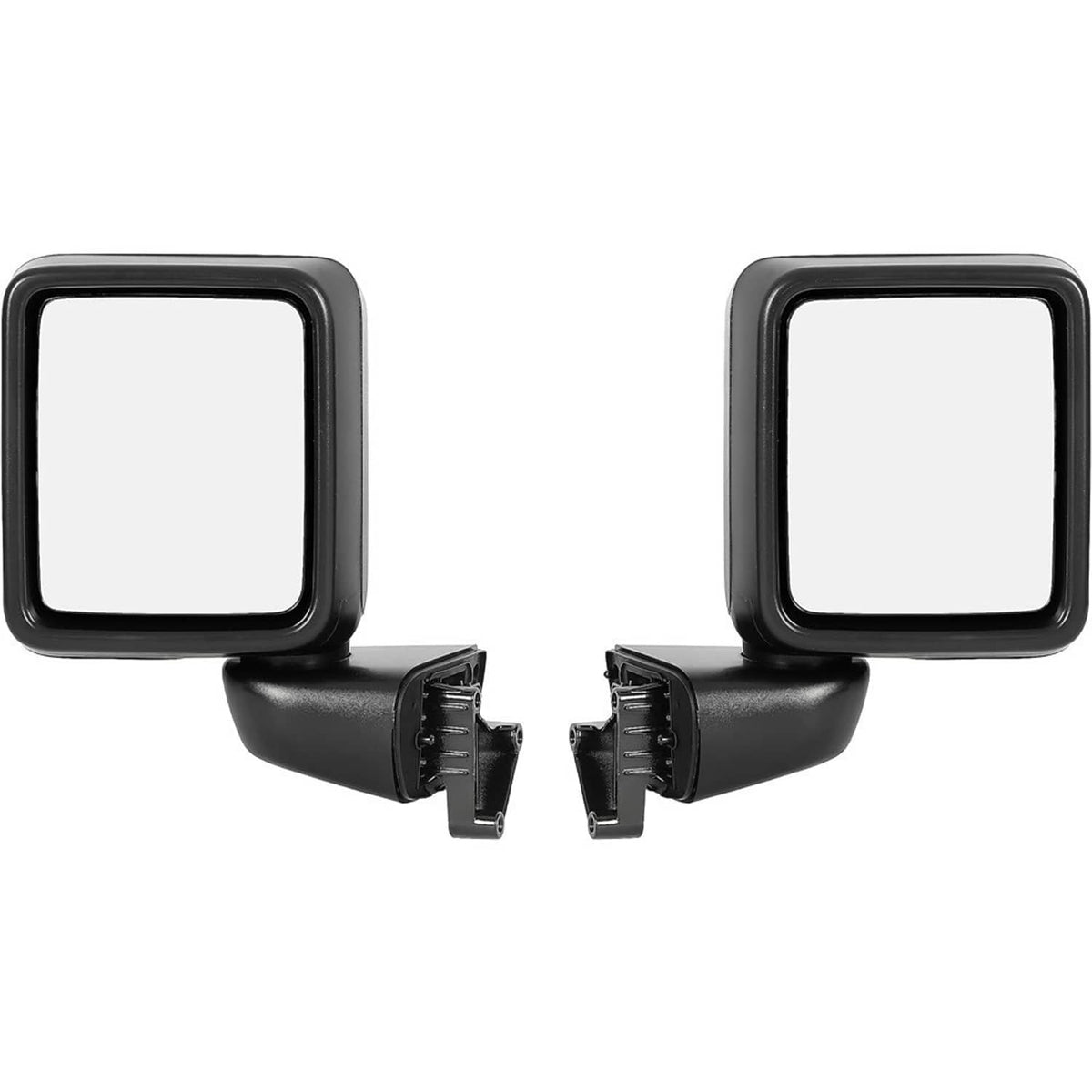 Pair of black square side mirrors with mounting brackets and visible hinge housings