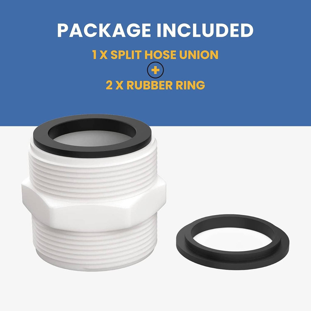 Pool split hose union connector with black gasket rings, included rubber seals, white plastic