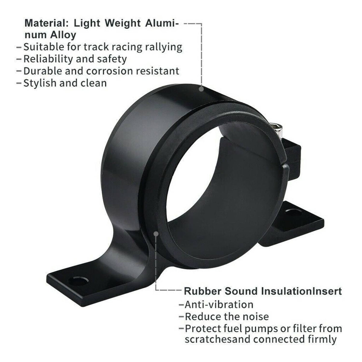 Black fuel pump bracket with rubber sound insulation insert and anti-vibration base