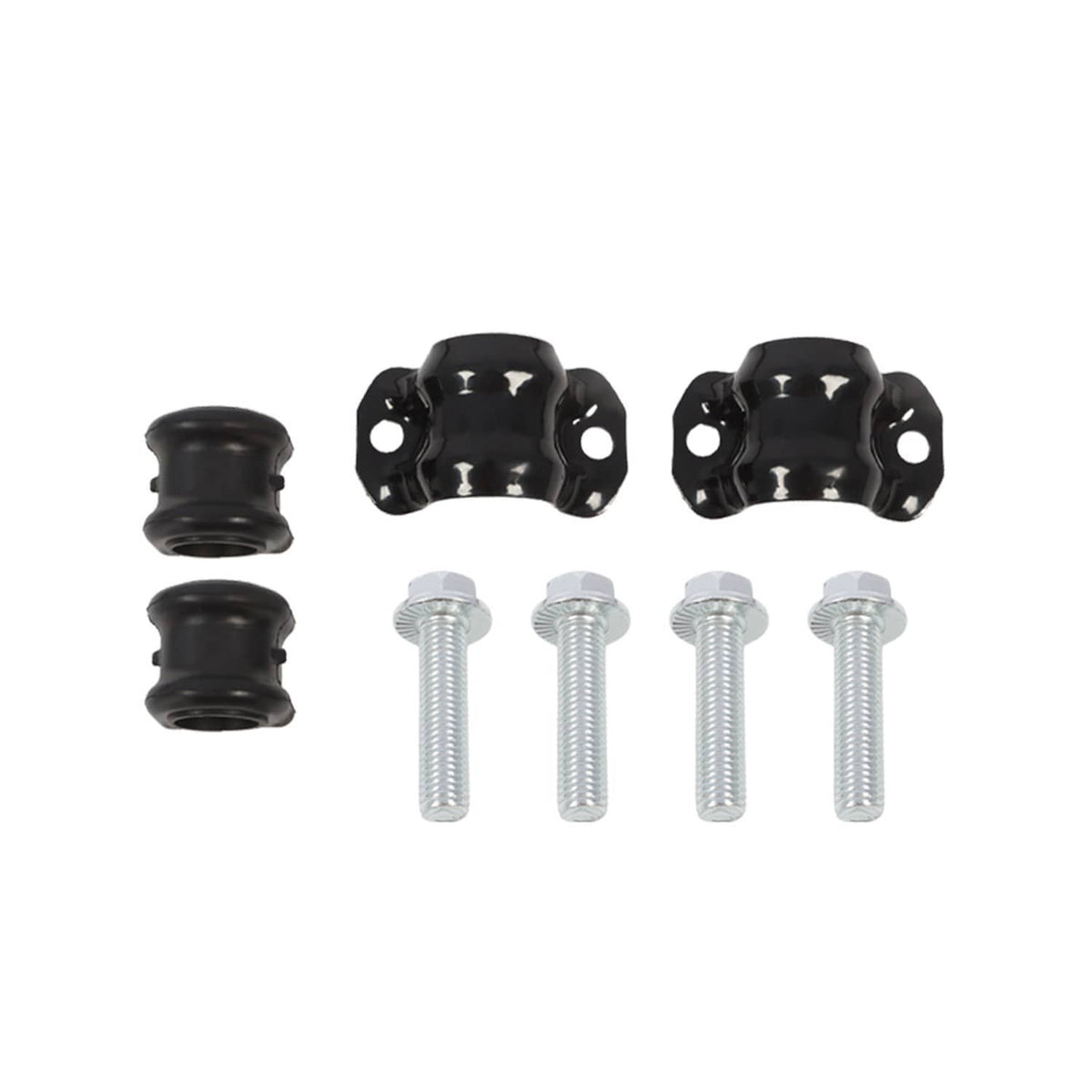 Front sway bar hardware set: black brackets, bushings, and silver bolts