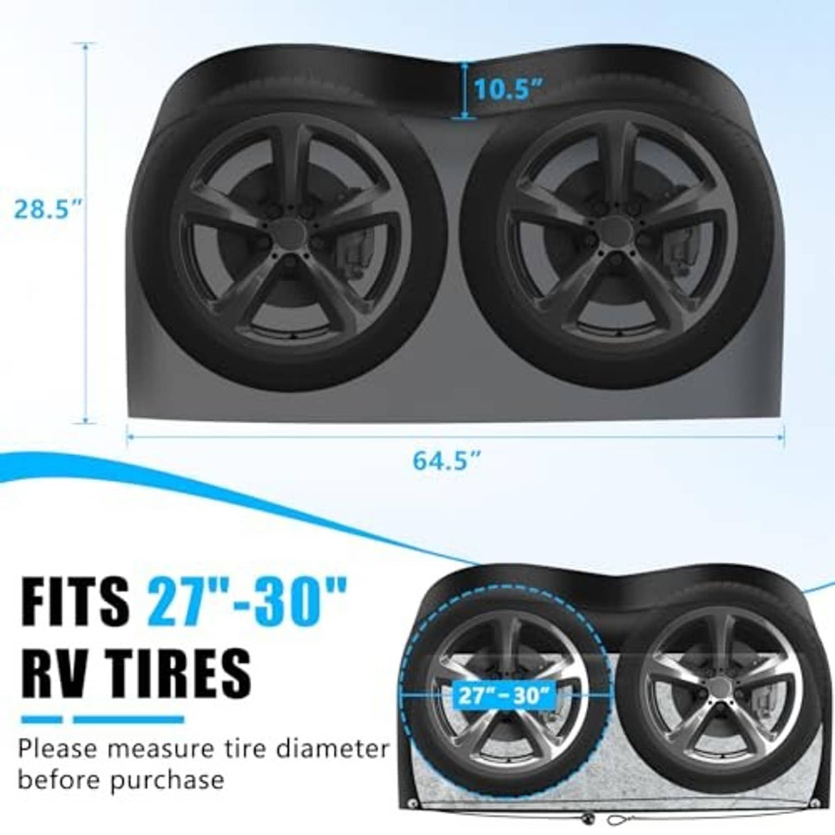 Black tire cover sized for 27–30" RV tires in a dimension diagram