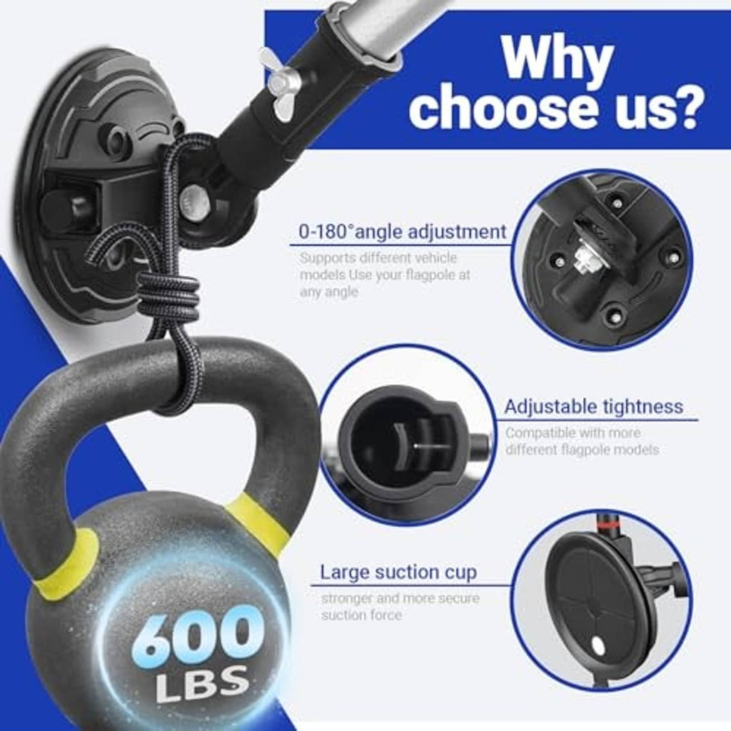 Black flagpole suction mount with large suction cup and flexible arm
