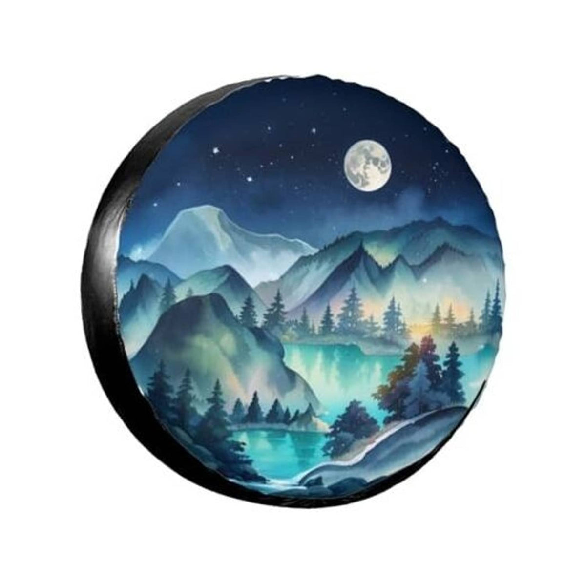 Round spare tire cover with blue night mountain and moon scene, with black rim edge