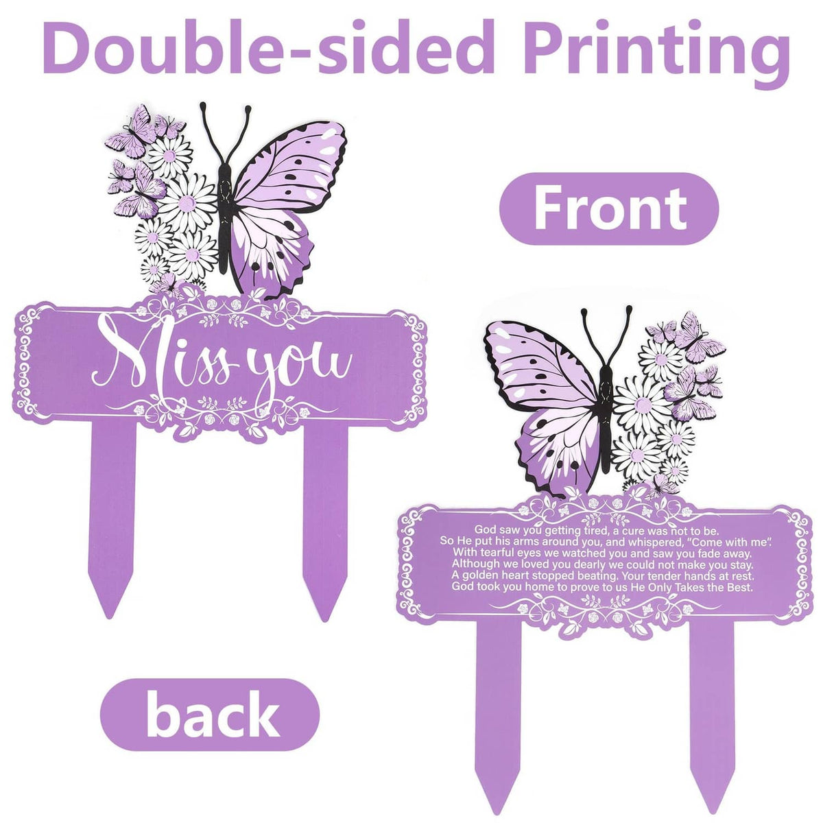Memorial stake front and back view with 'Miss you' banner and butterfly artwork