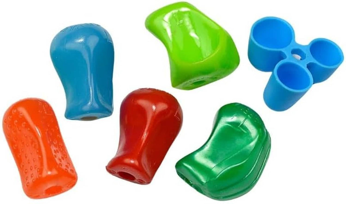 Assorted pencil grips close-up: orange, light blue, navy, red, and green ergonomic covers