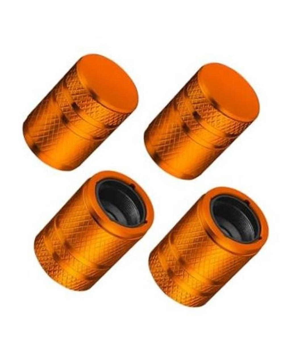 Orange metal tire valve stem caps set of four, with black interior liners