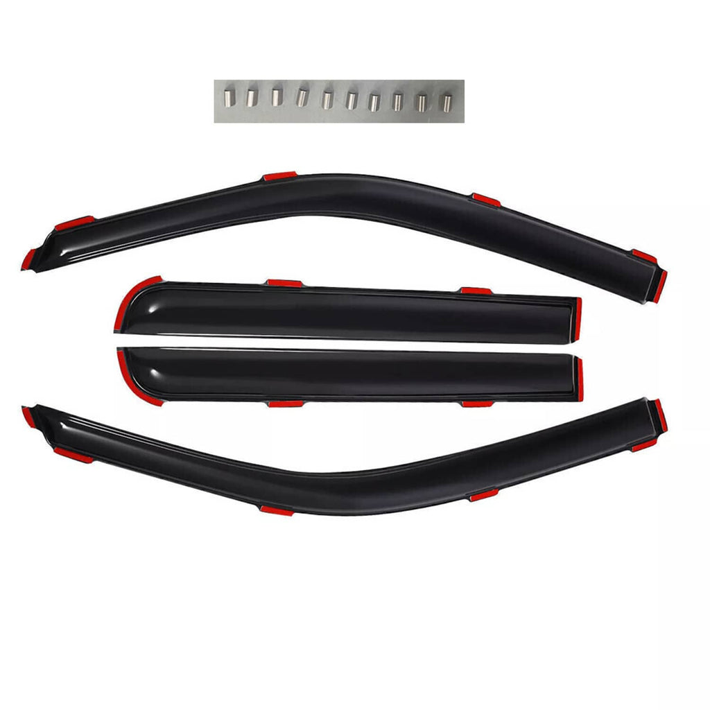 Complete set of black in-channel rain guards, curved visors with red clip tips