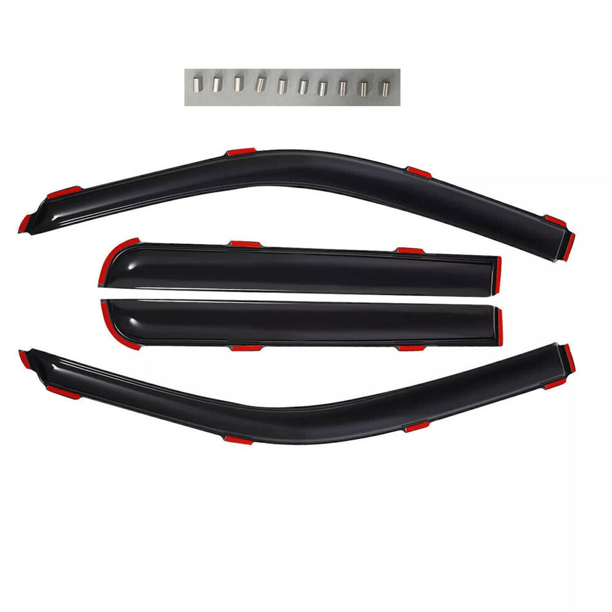 Complete set of black in-channel rain guards, curved visors with red clip tips