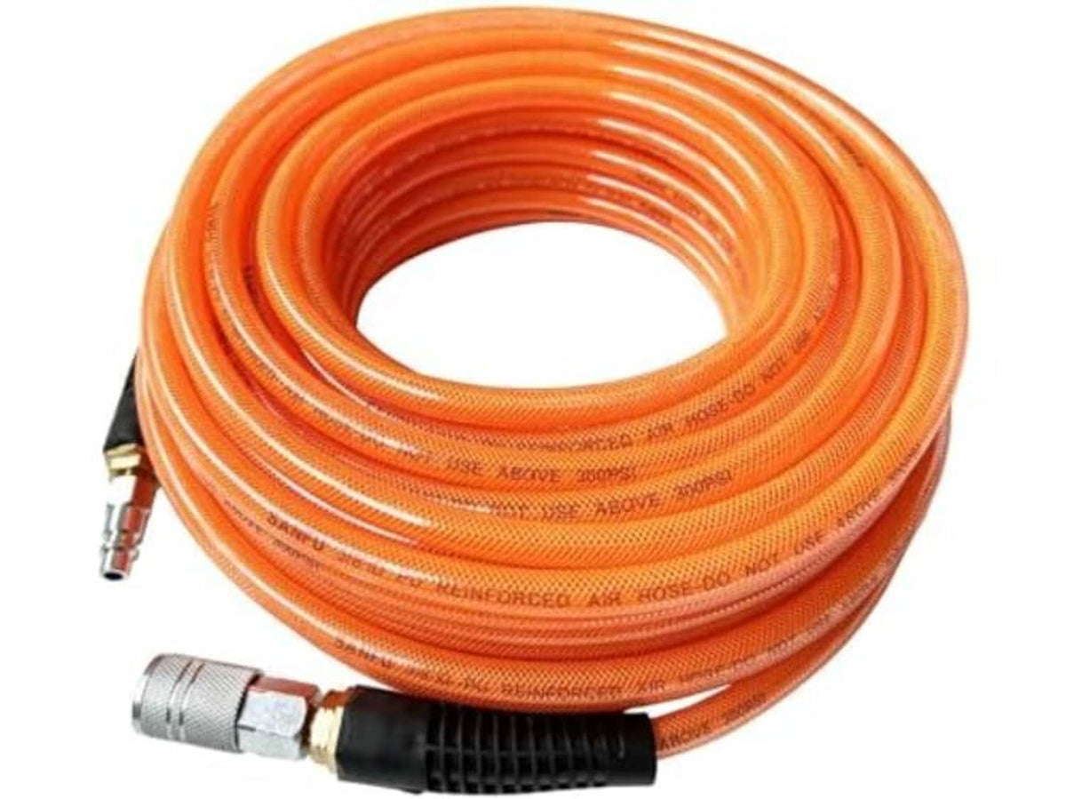 Orange coiled air hose with reinforced ends and metal quick-connect couplers