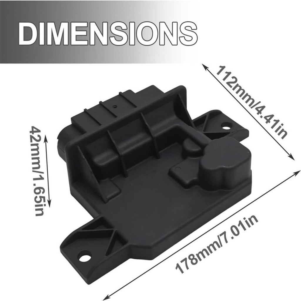 Black fuel pump power control module showing dimensions and mounting base