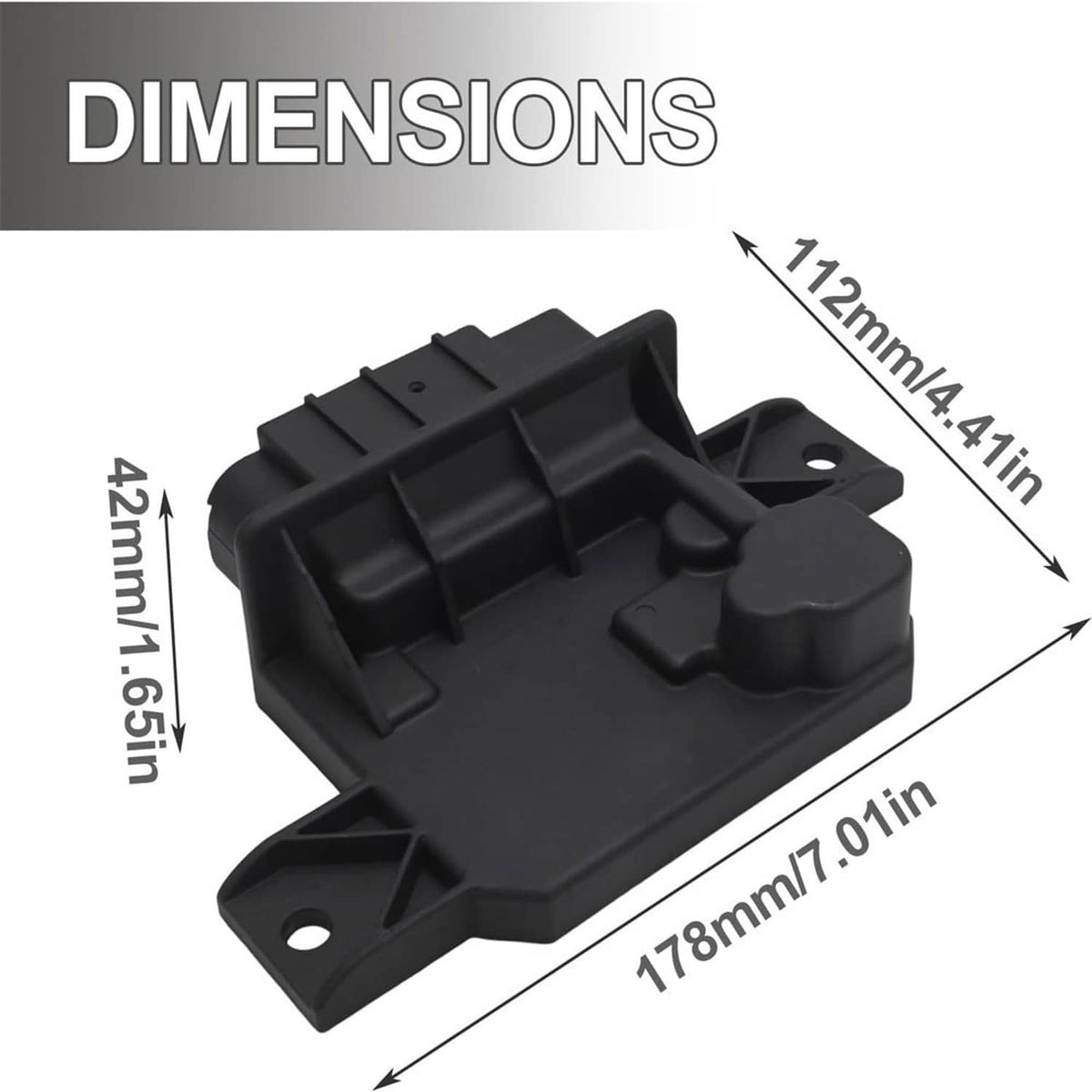 Black fuel pump power control module showing dimensions and mounting base