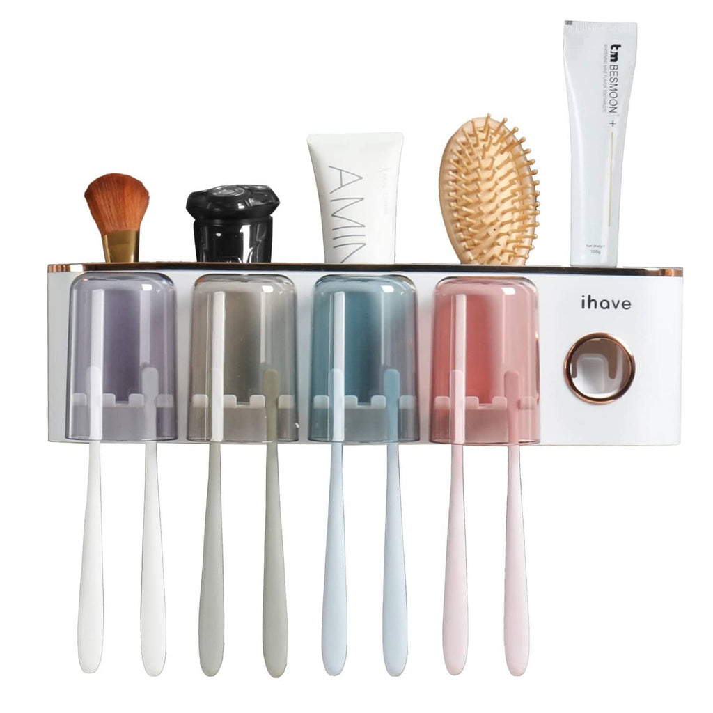 Toothbrush holder rack with four cups and toothbrush bristles standing