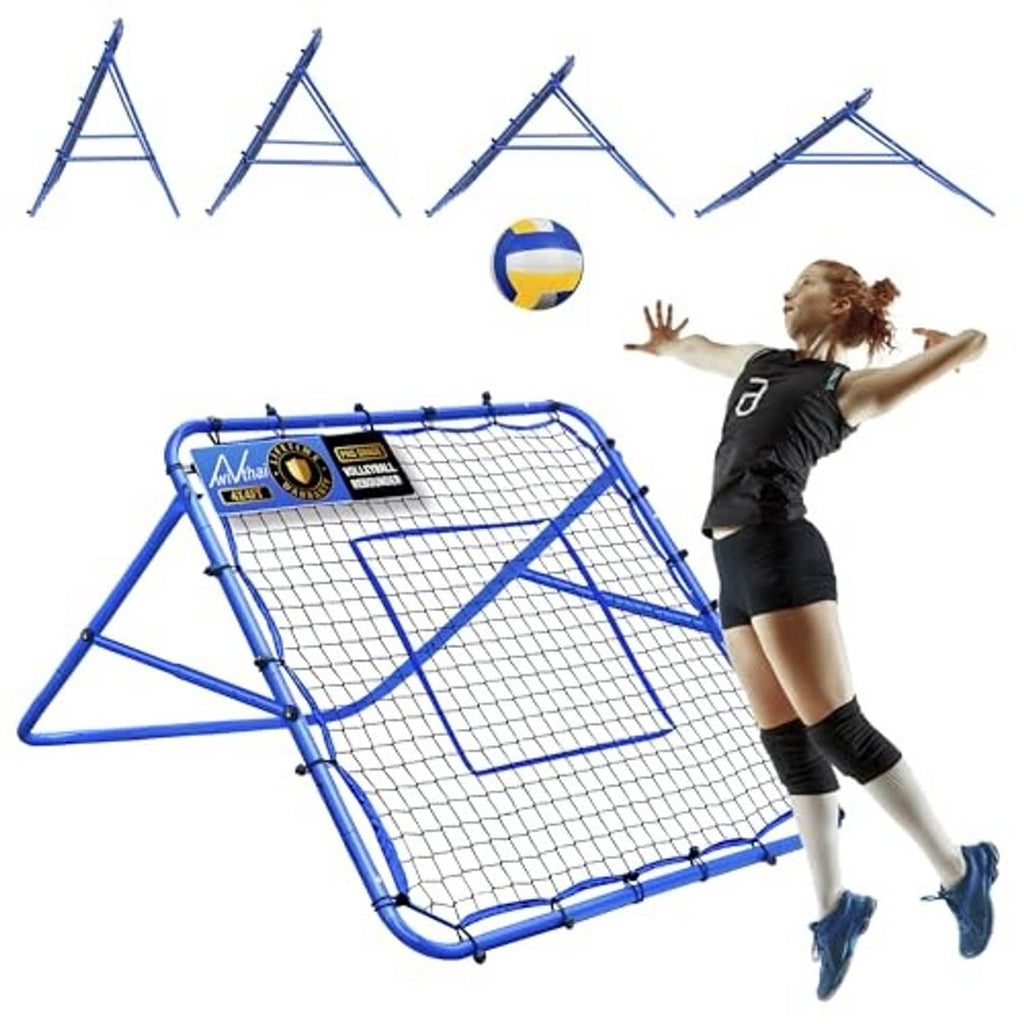 Blue rebounder net with mesh target panels and angled support frame, ball in midair.