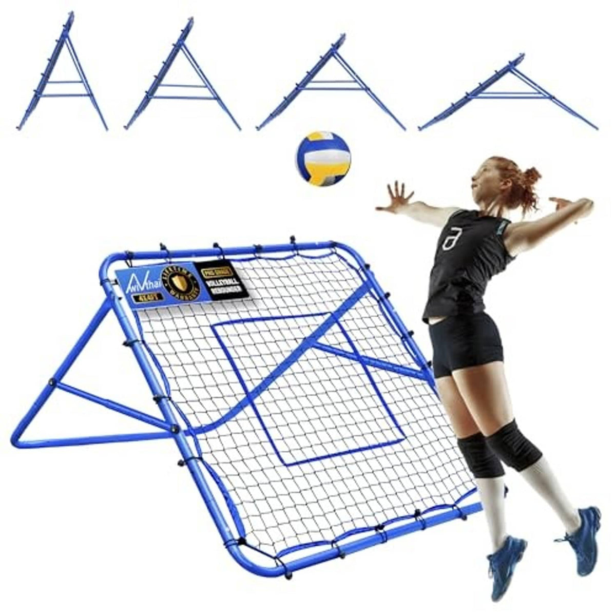Blue rebounder net with mesh target panels and angled support frame, ball in midair.