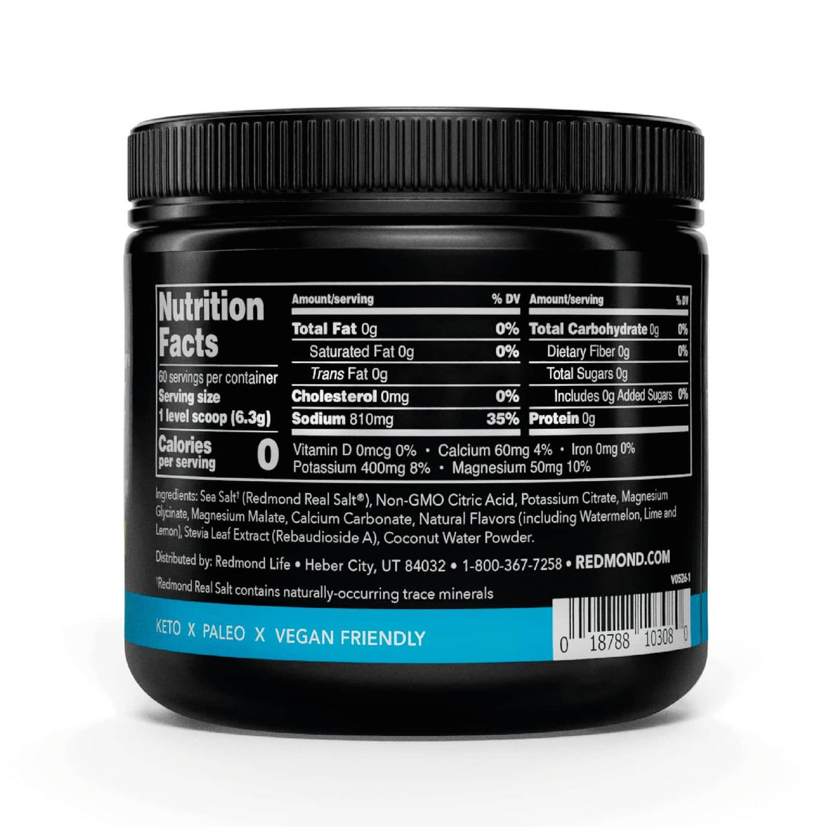 Redmond RE-LYTE hydration electrolyte drink mix jar, back nutrition facts panel