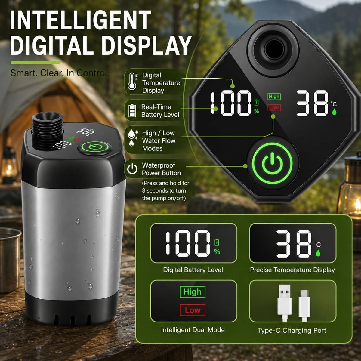 Rechargeable portable shower pump with LED digital temperature and battery display