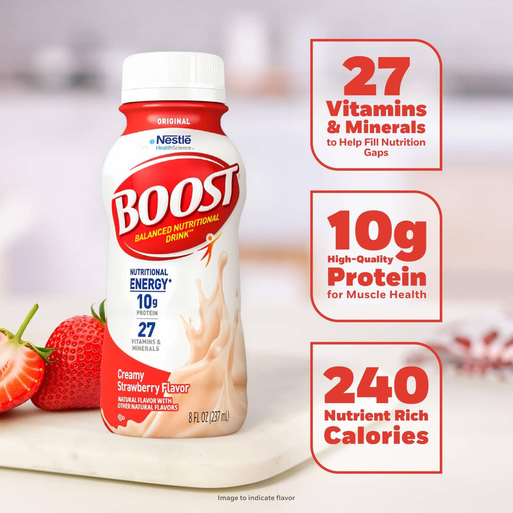 Ready-to-drink nutritional bottle, creamy strawberry flavor, label shows 27 vitamins and 10g protein