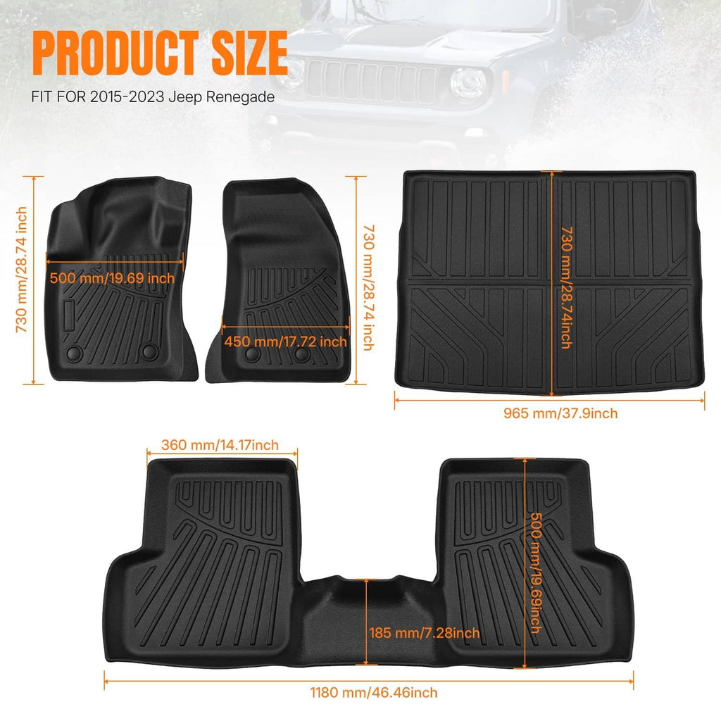 Black TPE floor mat set with trunk cargo liner, outlined size diagram layout