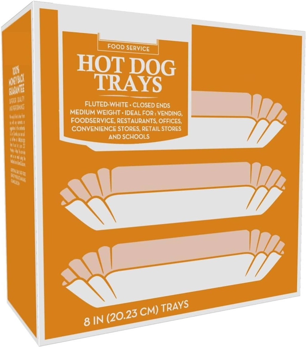 Orange and white hot dog tray box, shows fluted trays and 8 in count