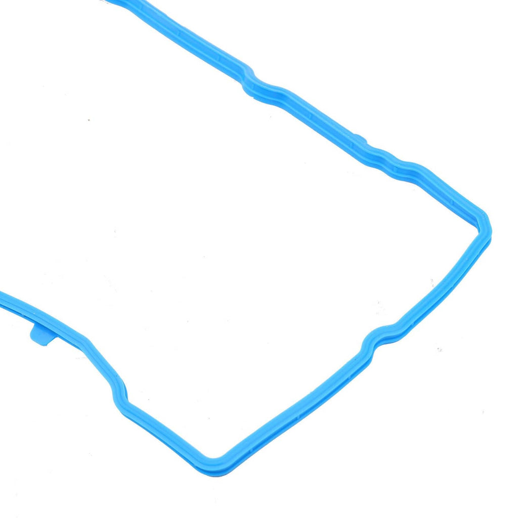 Close-up of blue valve cover gasket edge and corner contours.