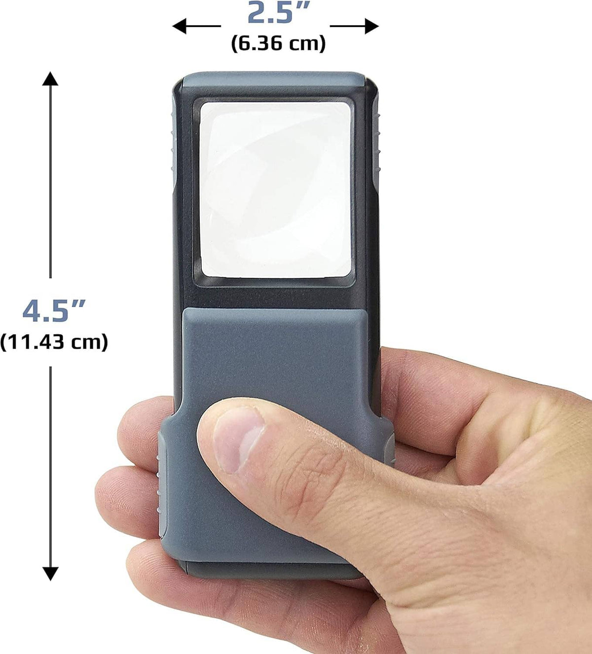 Handheld gray LED magnifier held in a hand with illuminated square lens window