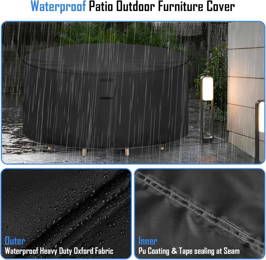 Round black patio table cover with waterproof heavy-duty fabric and taped seam details