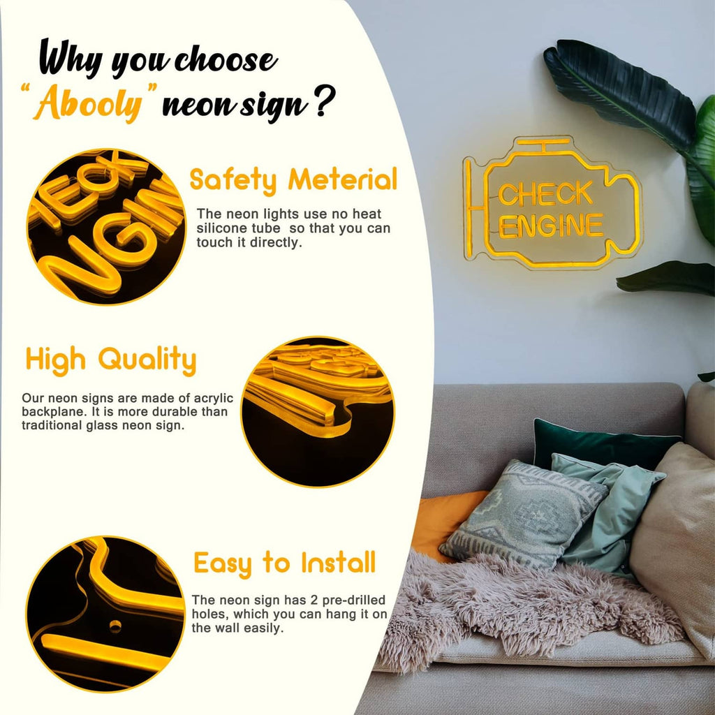 Yellow 'CHECK ENGINE' neon sign with engine-shaped border, wall decor style.