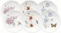 6-piece round tidbit plate set with butterfly and wildflower print on white porcelain