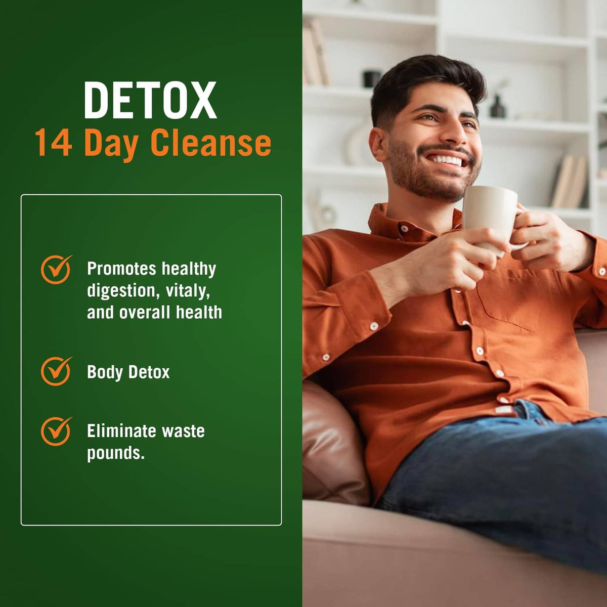 Detox 14-day cleanse marketing panel beside a man holding a cup