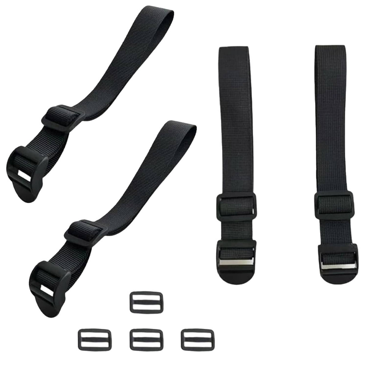 Set of black backpack extender straps with adjustable buckles and ladder-style connectors.