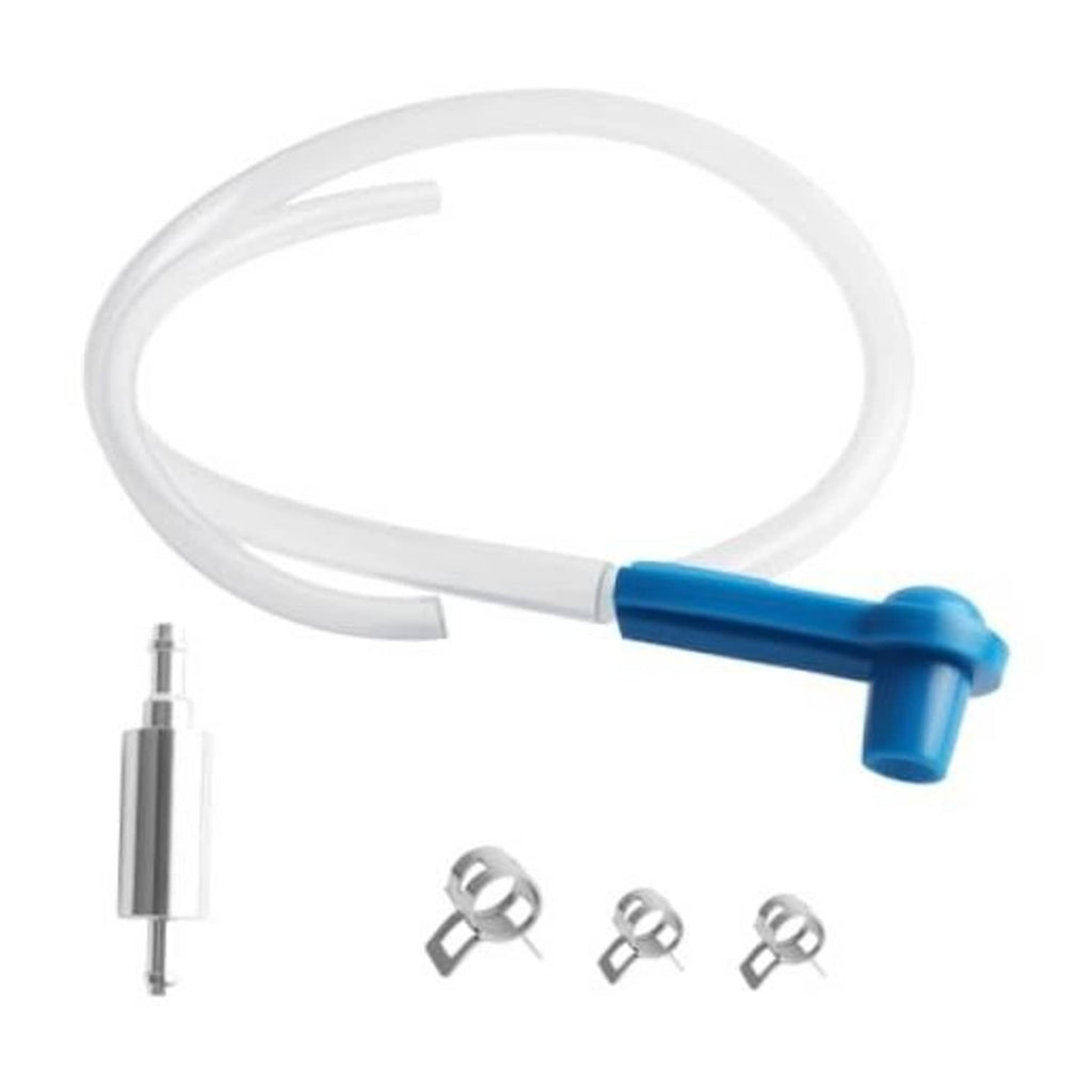 Brake bleeder hose with one-way check valve and blue quick-connect adapter