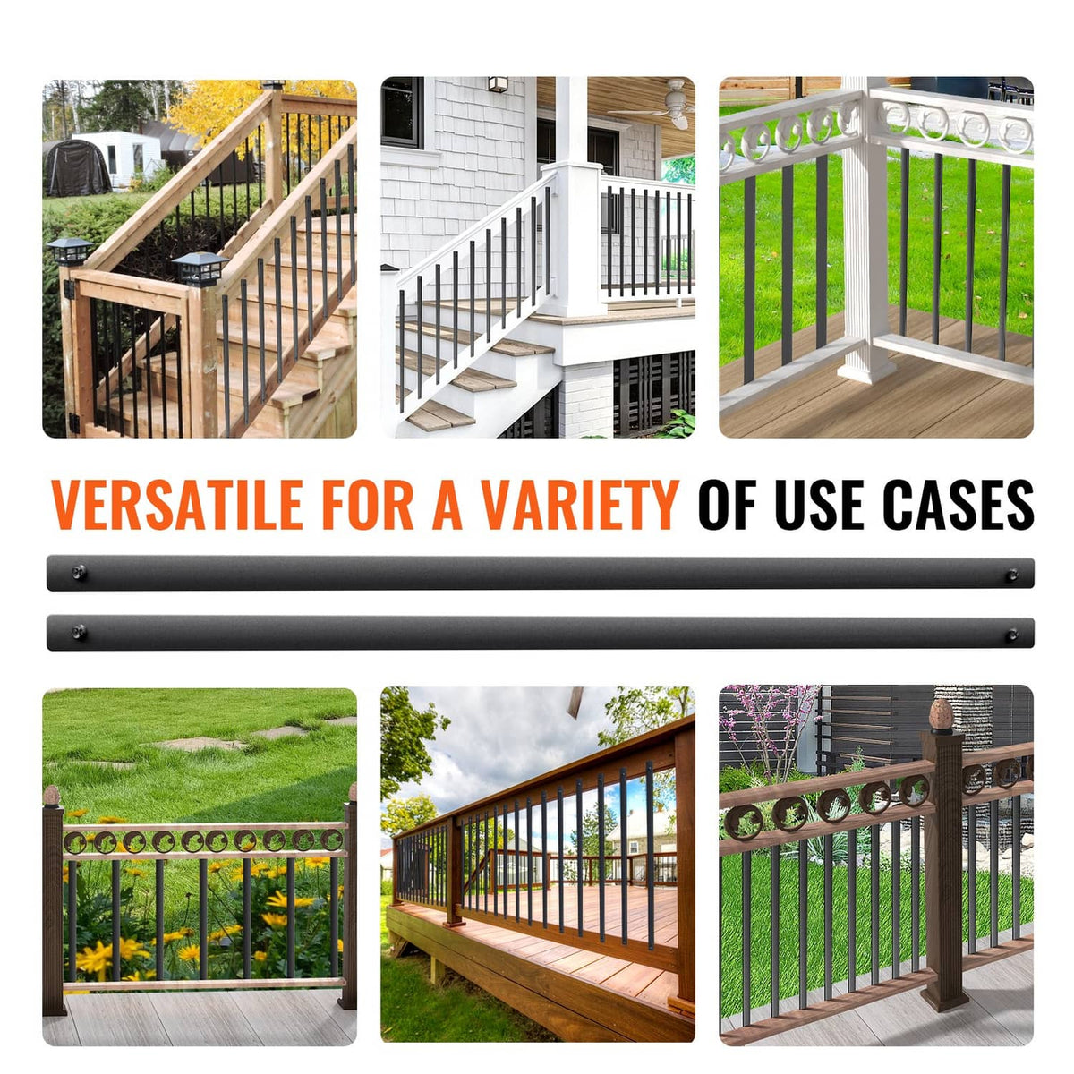 Matte black aluminum deck balusters shown across multiple railing applications