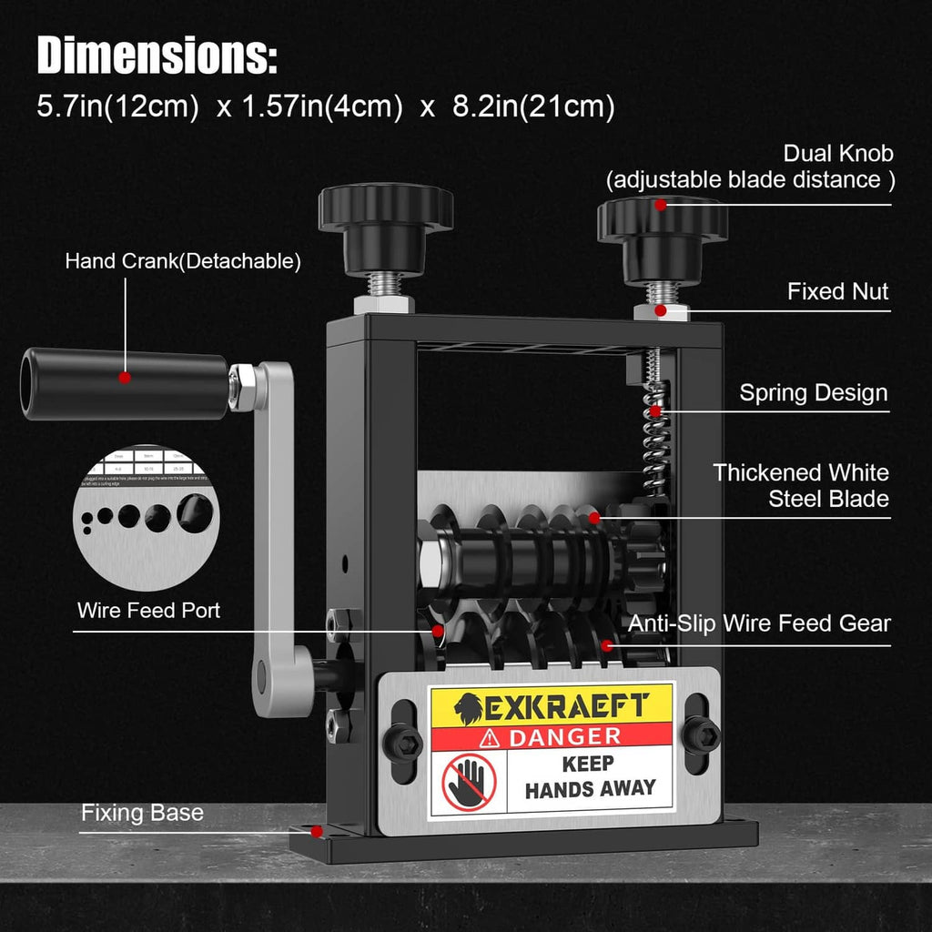 Wire stripper machine with adjustable blade distance knob and hand crank