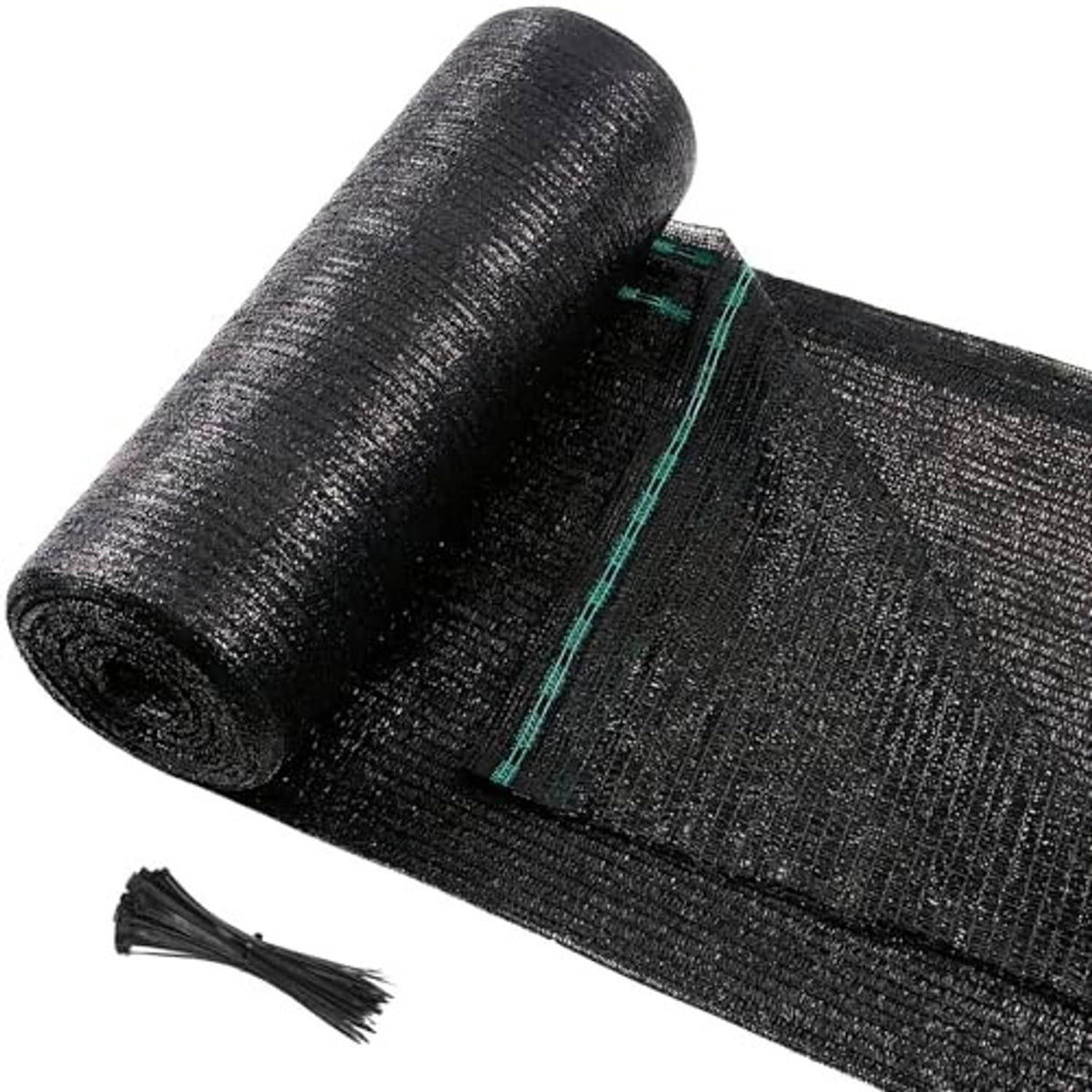 Dark gray shade cloth roll with fine mesh texture and teal-trim edge detail