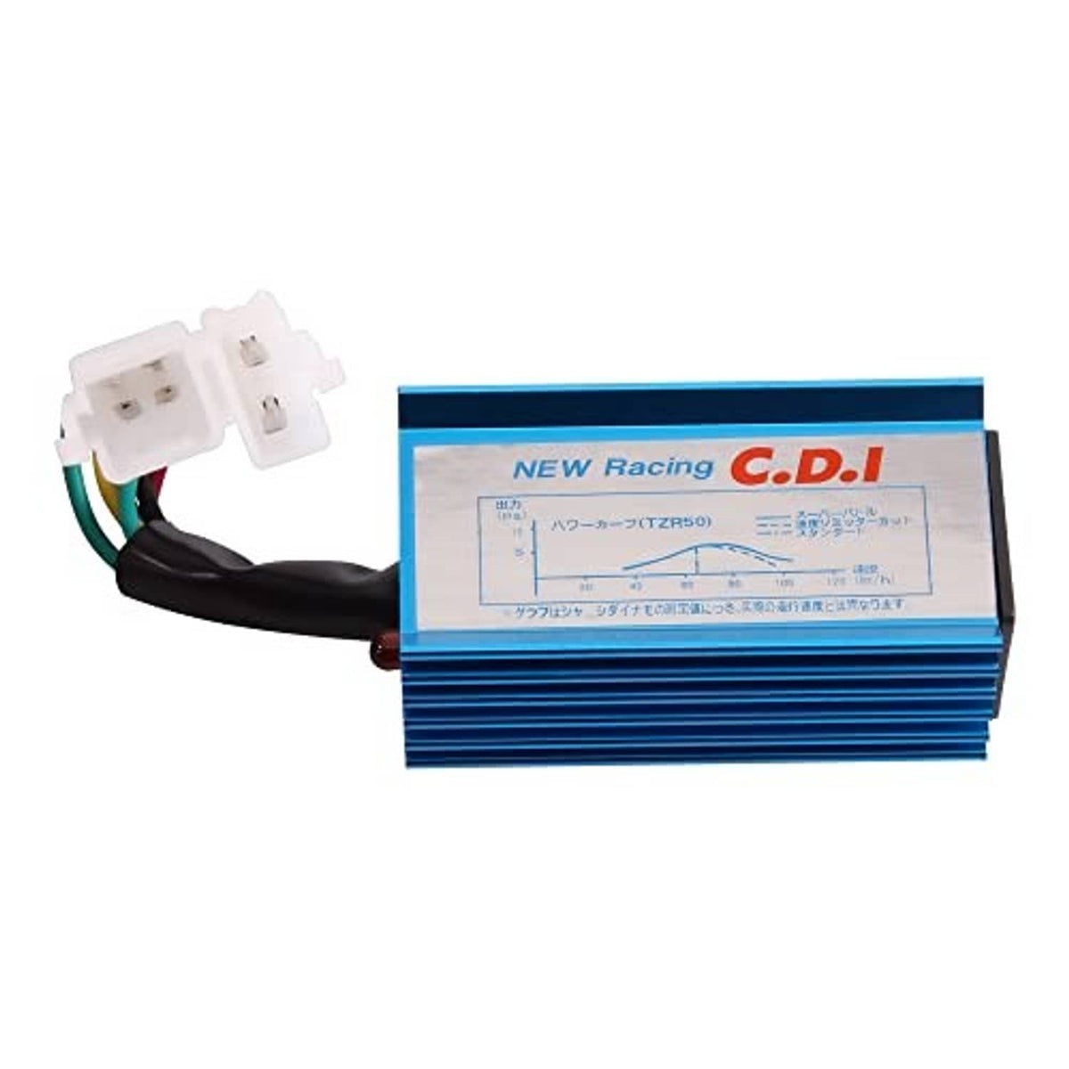 Blue CDI ignition box with label and black wire harness, side view
