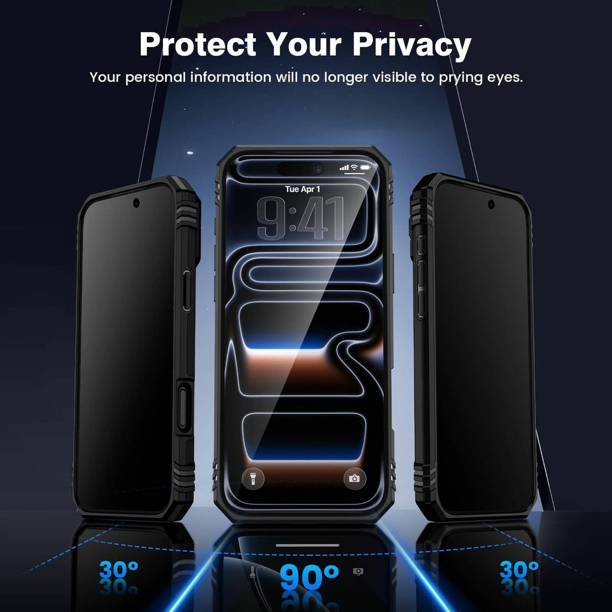 Black rugged phone case with privacy screen covering display from side angles