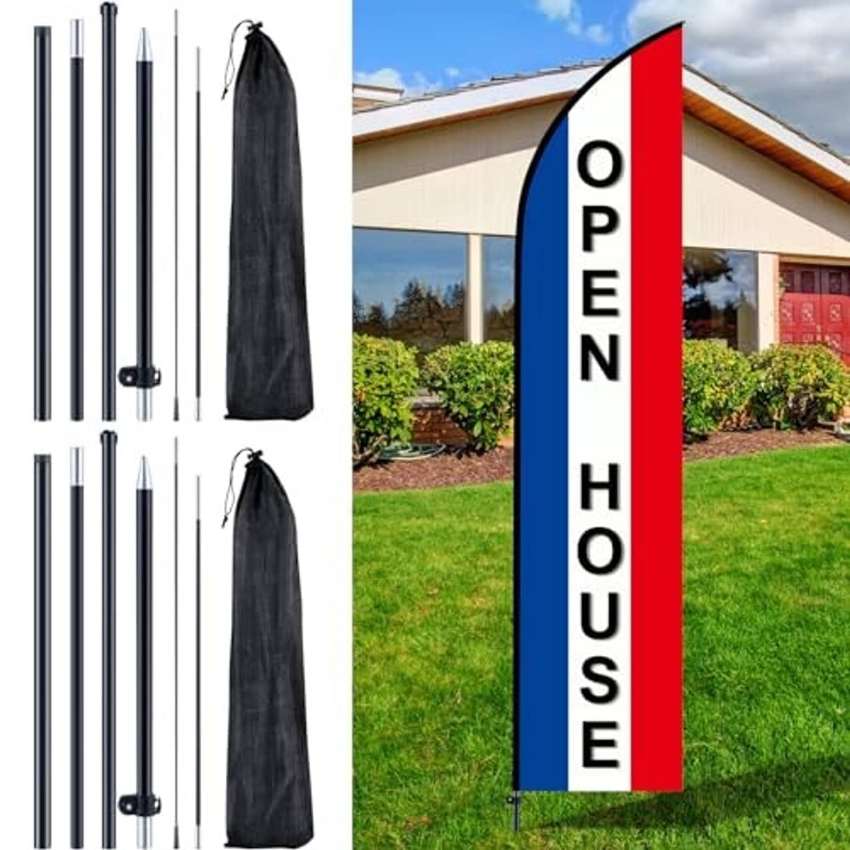Feather flag pole kit with black poles, storage bag, and standing OPEN HOUSE flag