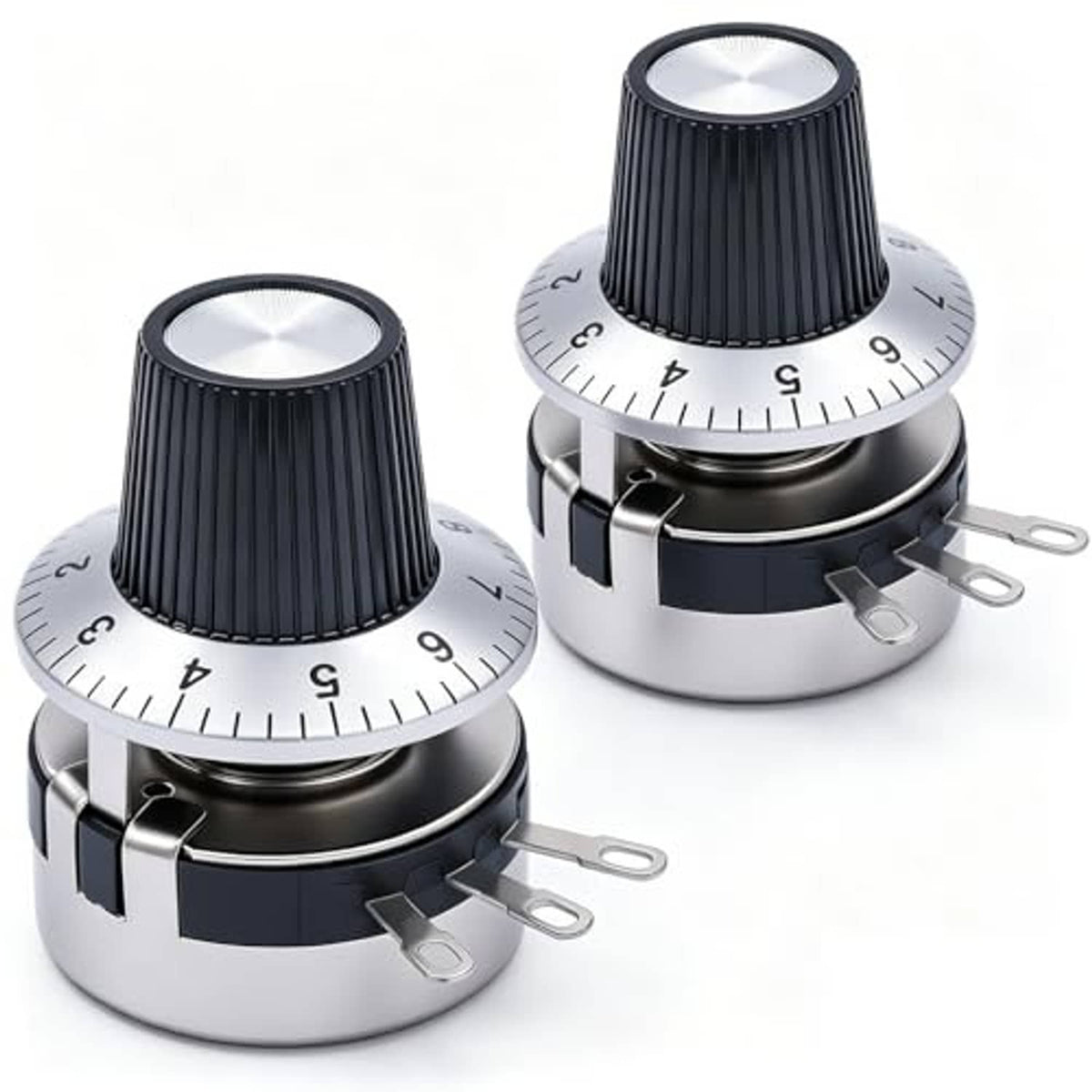 Two rotary linear potentiometers, black knobs with numbered dial markings and 3 pins