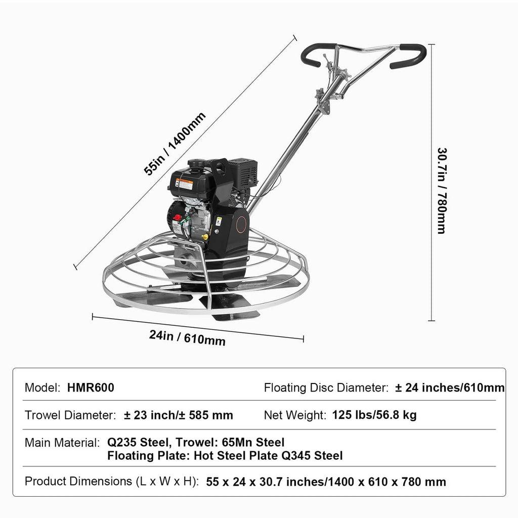 Walk-behind cement trowel with 24 in floating disc, engine unit and handle bars