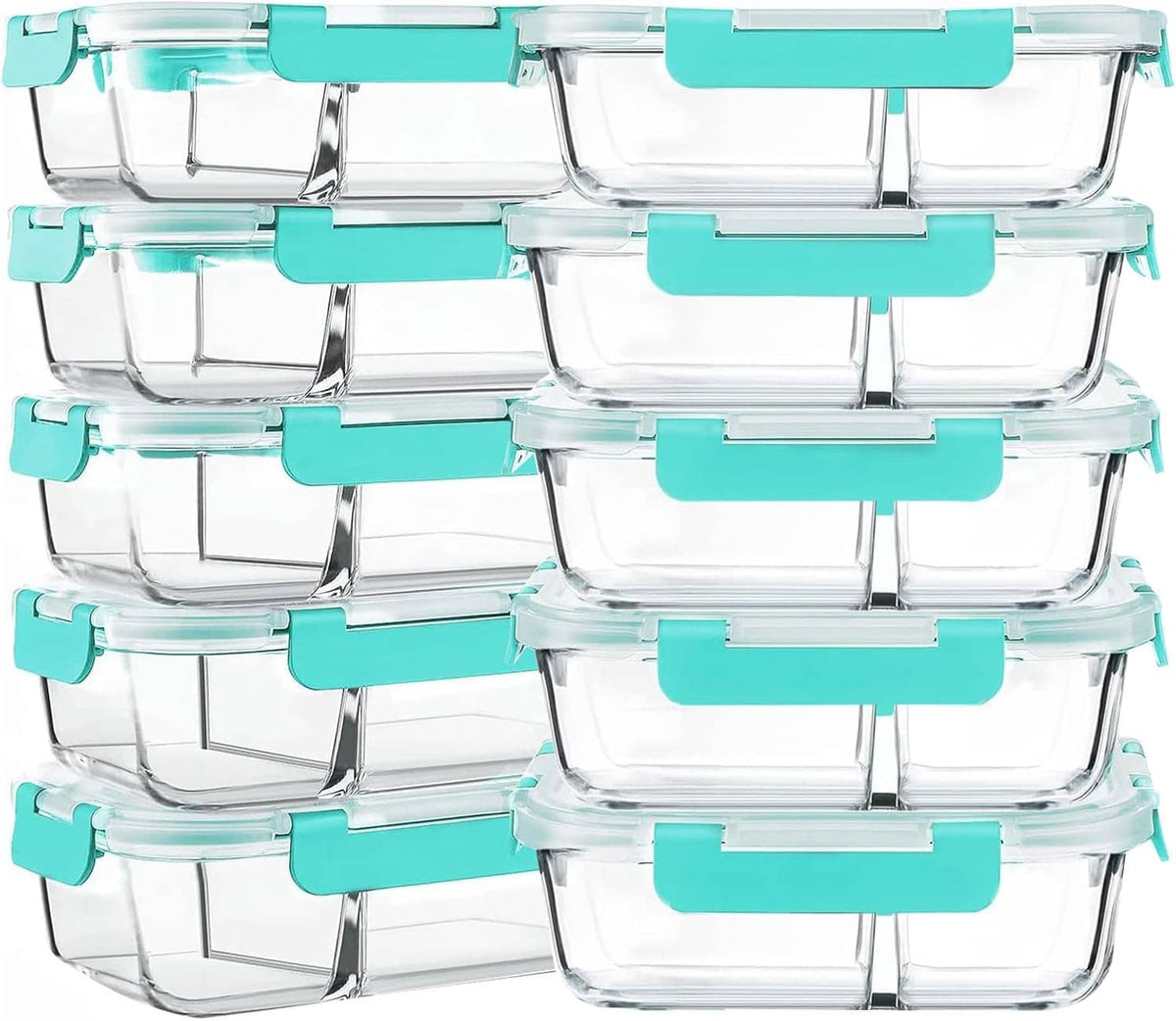 Stacked 2-compartment glass meal prep containers with airtight teal lids, 30 oz