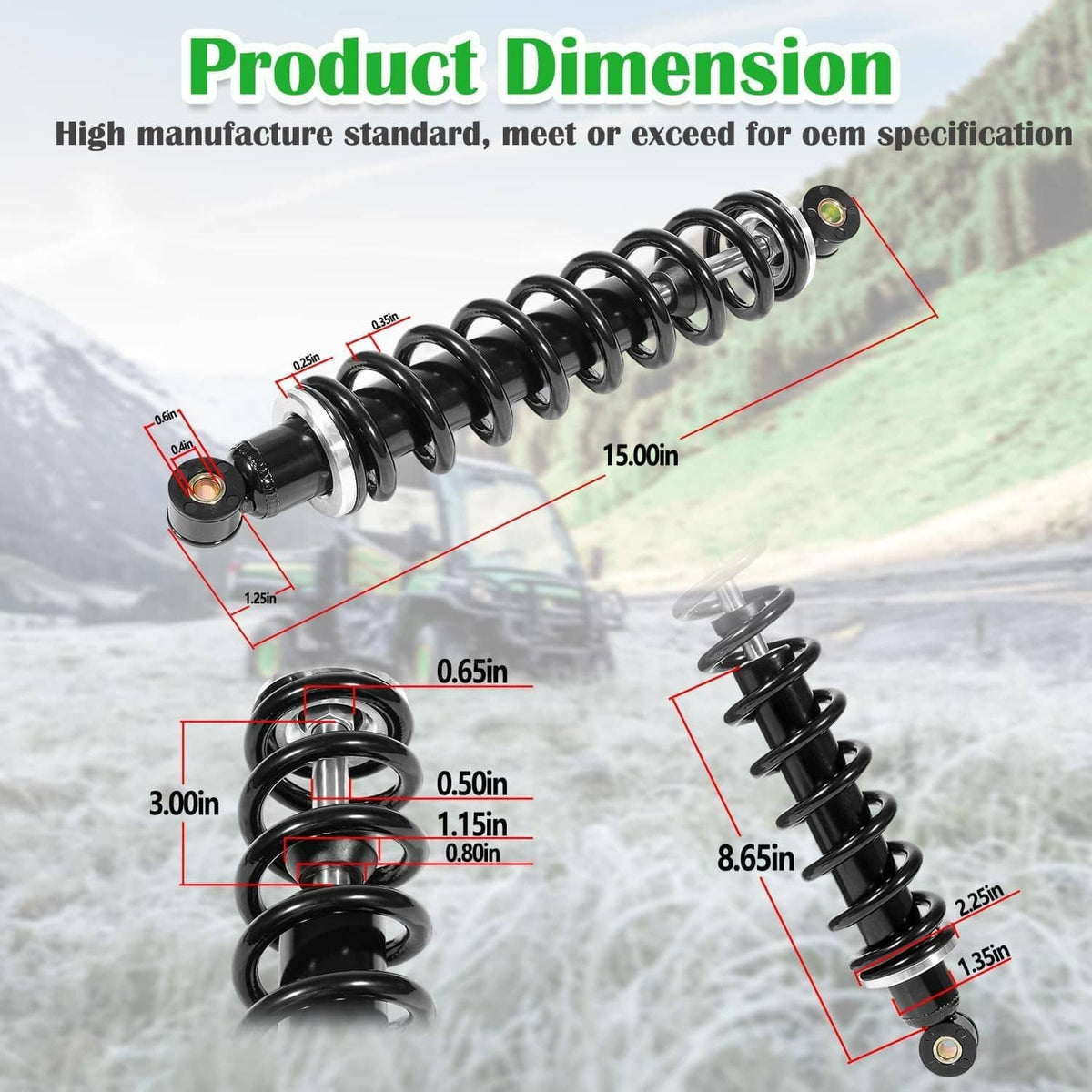 Front suspension shock absorber with black coil spring shown with size outline
