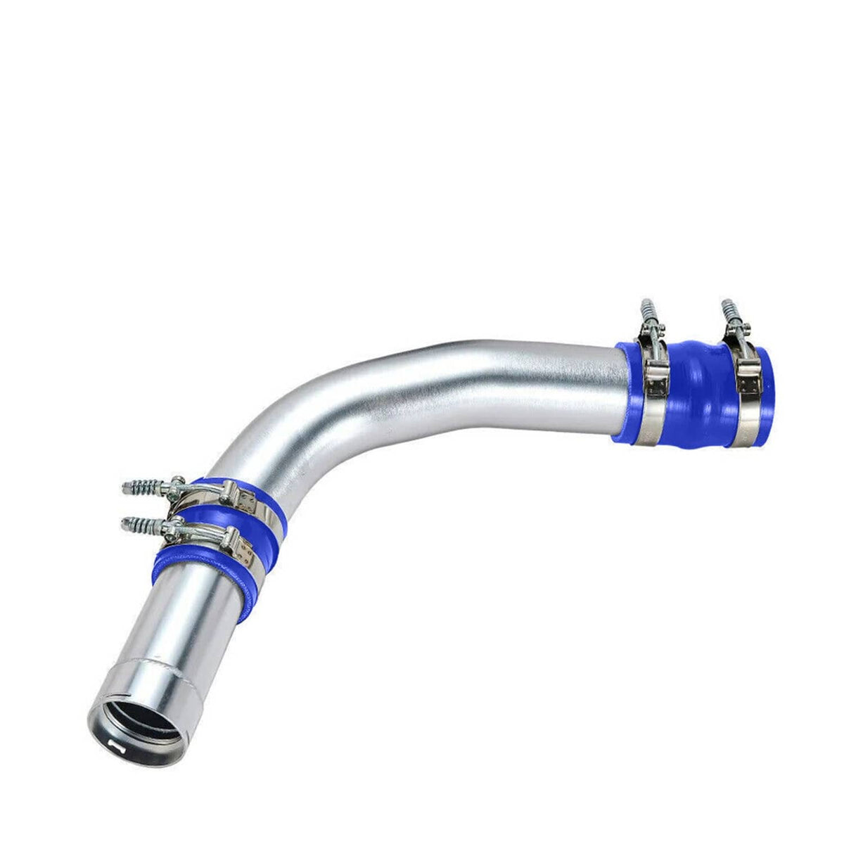 Stainless intercooler elbow pipe with blue silicone boots and secured hose clamps