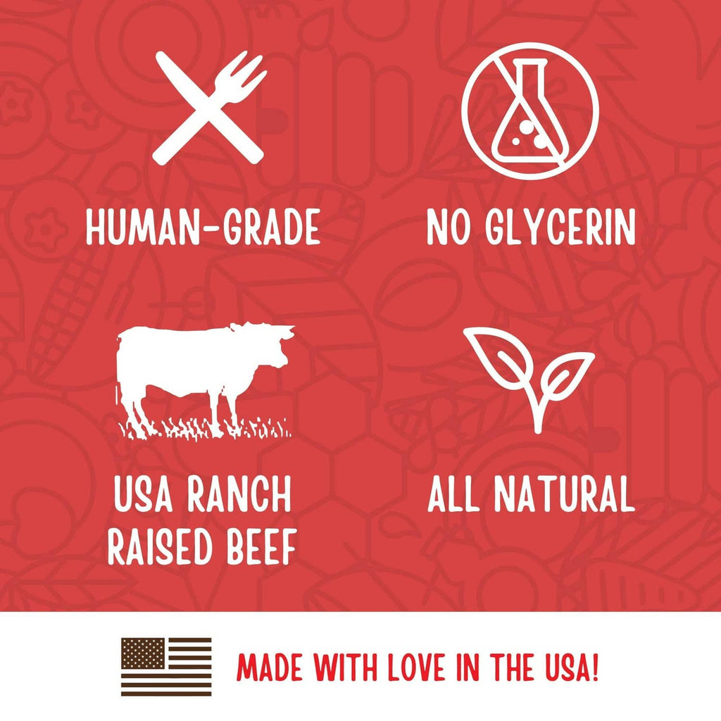 Beef jerky dog treats claims panel: human-grade, no glycerin, all natural