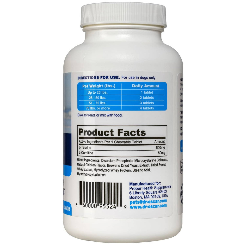 Back label panel on Dr. Oscar taurine supplement bottle with directions and facts
