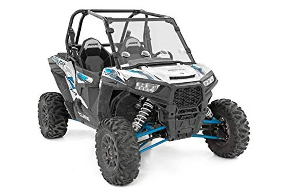 UTV with installed front windshield featuring a tinted panel and black frame