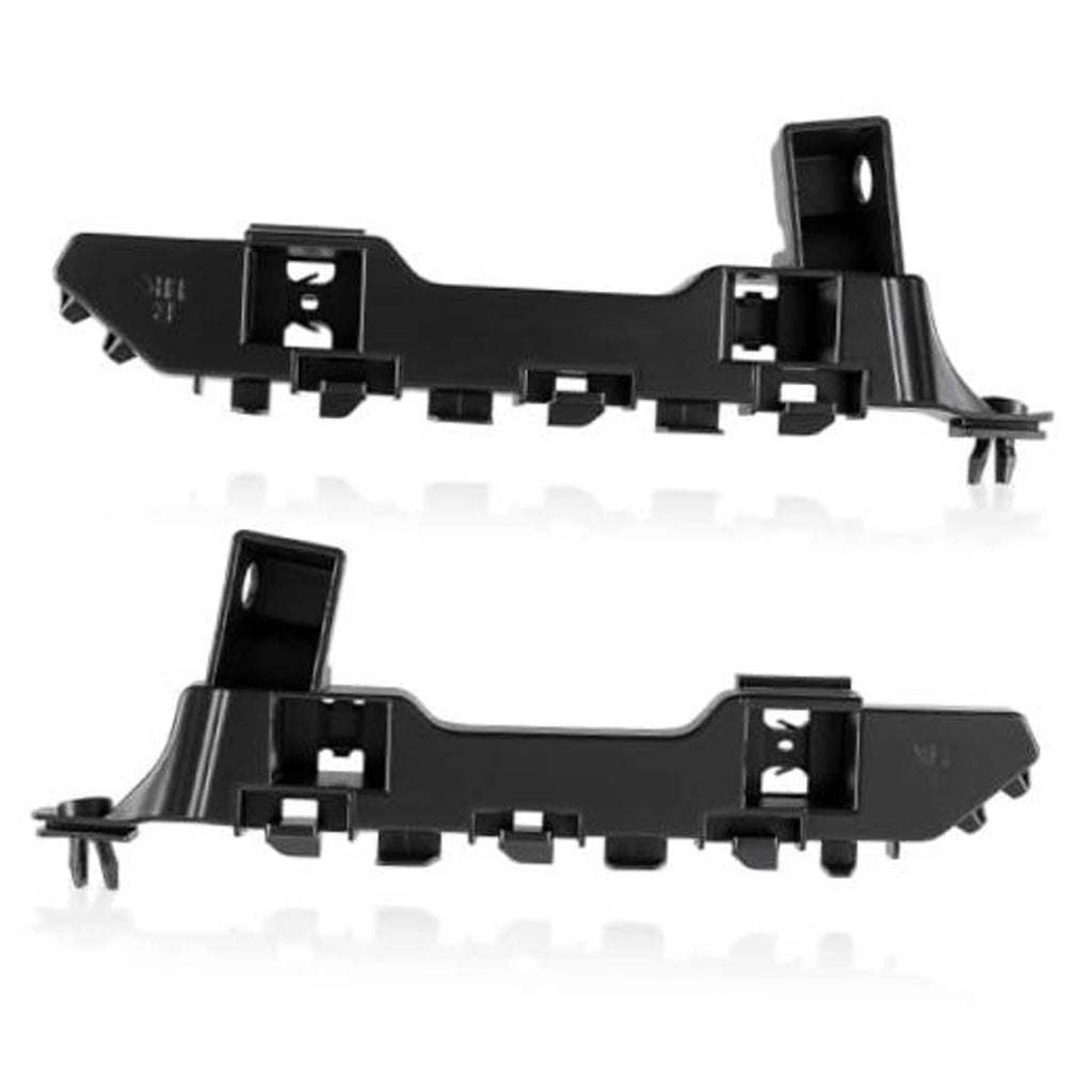 Pair of black front bumper side brackets with mounting clips and holes