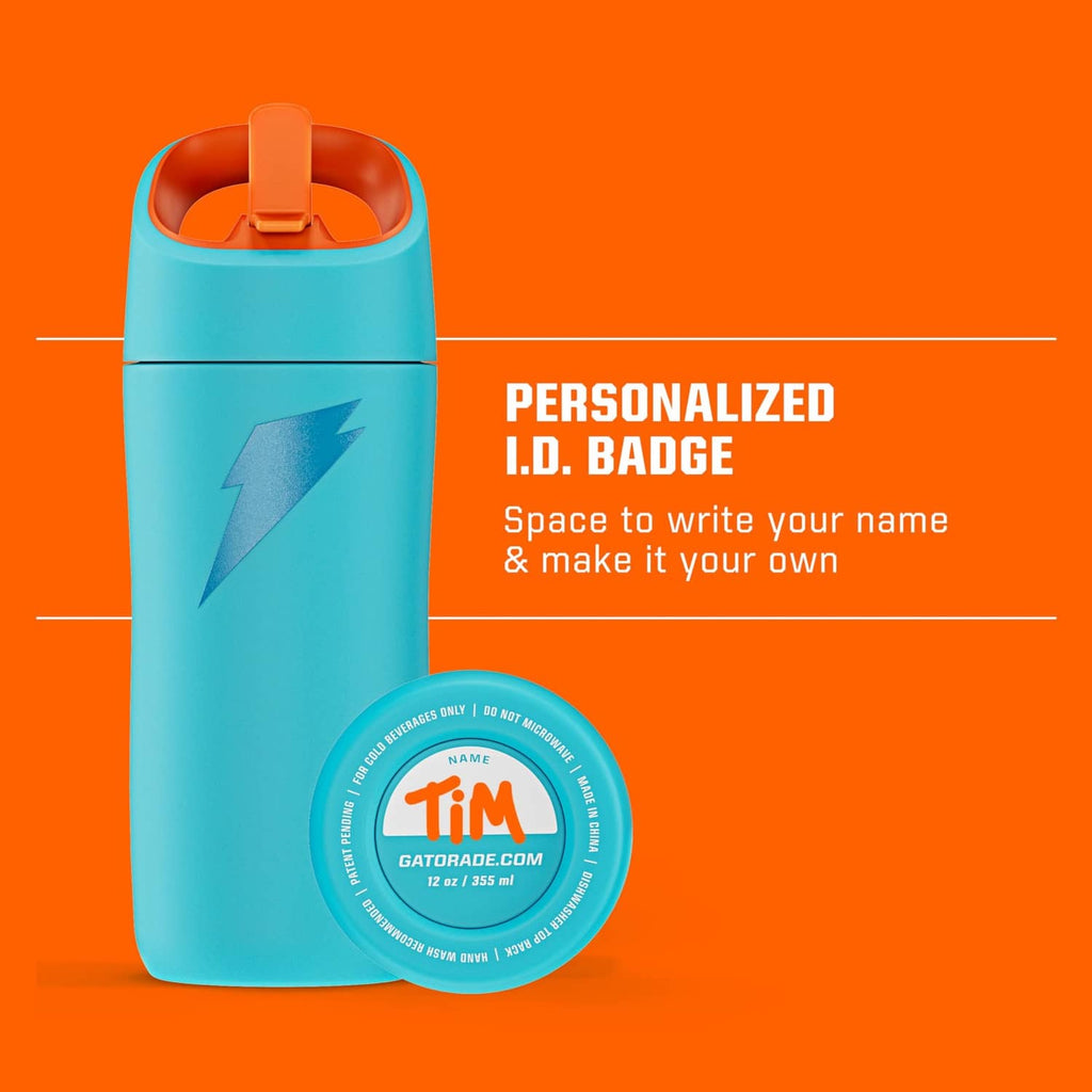 Kids teal 12oz metal water bottle with orange flip straw cap and round name ID badge