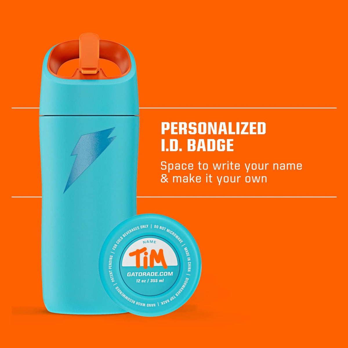 Kids teal 12oz metal water bottle with orange flip straw cap and round name ID badge